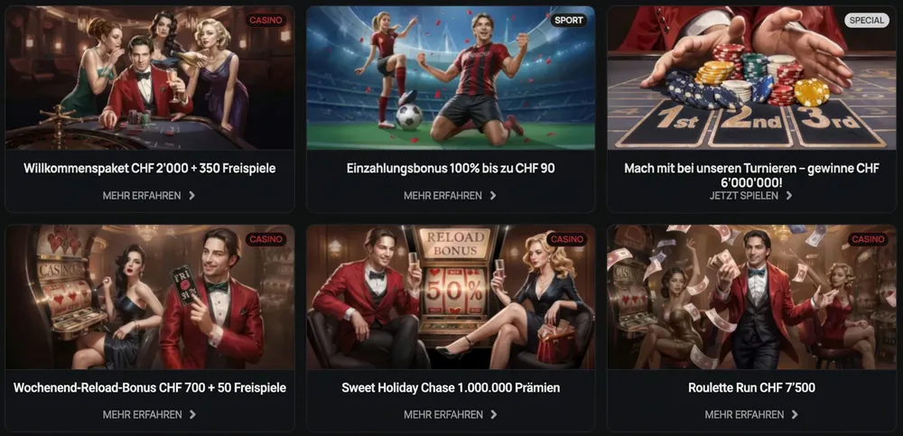 Casinova Werbedashboard mit verschiedenen Willkommensboni und Veranstaltungen.